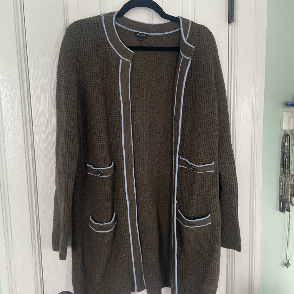 Talbots Olive Cardigan with Light Blue Accents